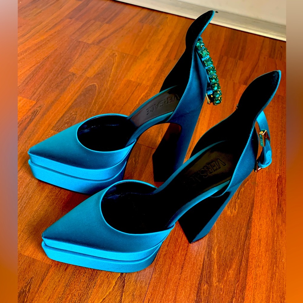 Versace Teal Satin Platform Heels